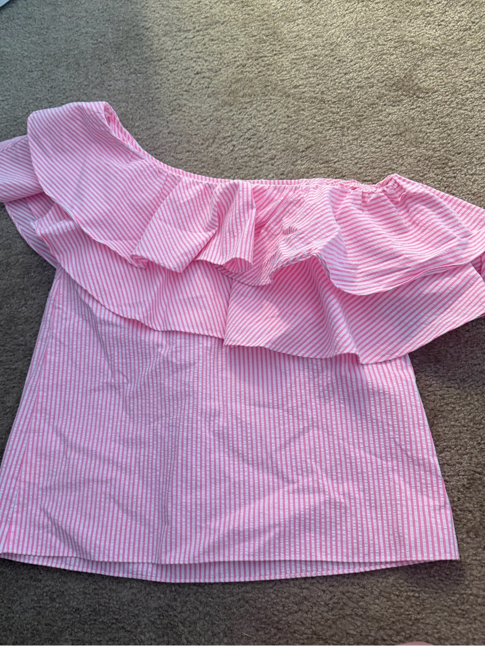 Lilly Pulitzer Trixie Striped One-Shoulder Ruffle Pink/white seersucker Top